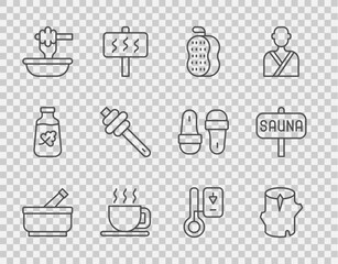 Set line Mortar and pestle, Wooden log, Washcloth, Cup of tea, Honey dipper stick with bowl, Sauna thermometer and icon. Vector