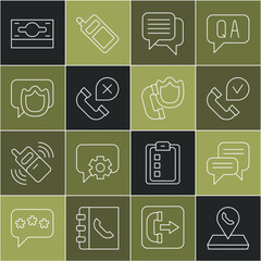 Set line Call center location, Speech bubble chat, Telephone handset, Declined or missed call, Stacks paper money cash and with shield icon. Vector