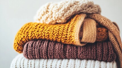 Cozy stack of warm sweaters in autumnal colors