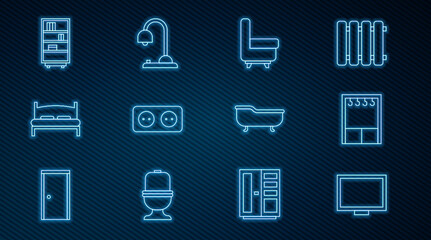 Set line Picture frame on table, Wardrobe, Armchair, Electrical outlet, Big bed, Library bookshelf, Bathtub and Table lamp icon. Vector