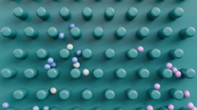 Marbles falling from a platform. 3D animation of a marble run. Marble run background. Blue and pink marbles descending from a structure.