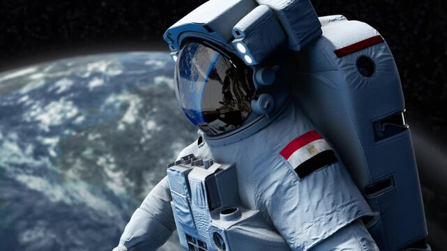 Egypt Astronaut with arm patch flag floating through space. Space program. Spaceman. Earth in background. The country showing national pride. 