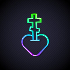 Obraz premium Glowing neon line Religious cross in the heart inside icon isolated on black background. Love of God, Catholic and Christian symbol. People pray. Vector