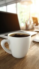 Coffee break cozy vibe. A steaming cup of coffee on a wooden desk, with a laptop and soft lighting in the background, creating a cozy workspace atmosphere.
