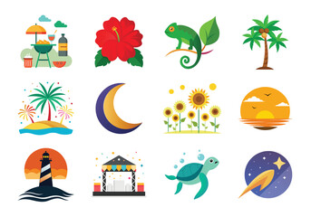 Naklejka premium Summer element bundles, Vector Summer elements, Tropical Summer Vector Icons and Illustrations Set