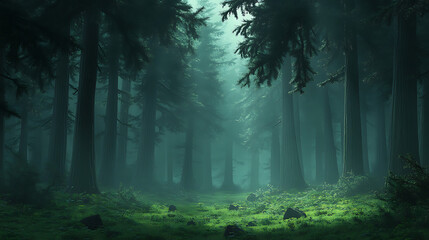 Obraz premium Mysterious and Enchanting Forest Atmosphere with Fog and Tall Trees in Soft Light