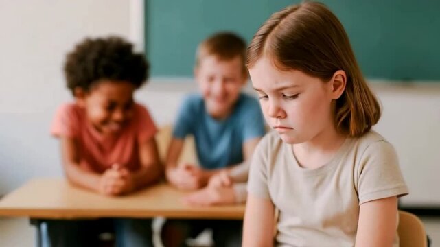 A young girl with a sad expression sits alone at a desk while three other children laugh together in the background, possibly illustrating a case of selective mutism and social isolation.
