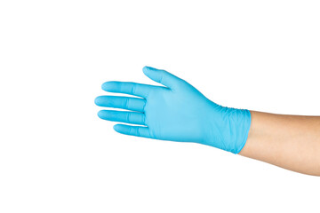 Medical nitrile gloves isolated on white background. Surgical latex gloves. Rubber gloves production. Doctor or nurse putting on protective gloves. Medicine concept. Sterility, protection.