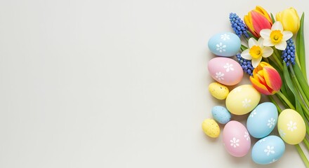 Obraz premium Pastel Easter Eggs and Spring Flowers A Festive Springtime Arrangement