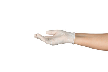 Medical nitrile gloves isolated on white background. Surgical latex gloves. Rubber gloves production. Doctor or nurse putting on protective gloves. Medicine concept. Sterility, protection.