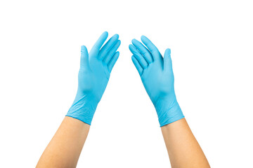 Medical nitrile gloves isolated on white background. Surgical latex gloves. Rubber gloves production. Doctor or nurse putting on protective gloves. Medicine concept. Sterility, protection.