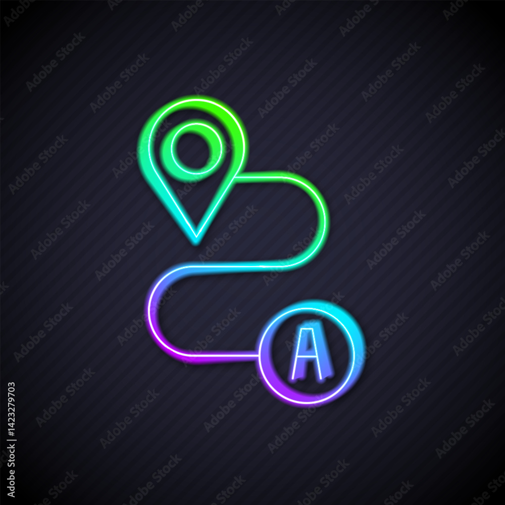 Poster glowing neon line route location icon isolated on black background. map pointer sign. concept of pat