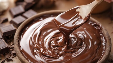 chocolatier tempering melted chocolate on marble surface with spatulas, glossy smooth texture, precise hands in action