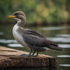 Yellow-billed Loon bird on piece of wood.