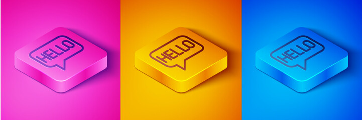 Isometric line Hello in different languages icon isolated on pink and orange, blue background. Speech bubbles. Square button. Vector