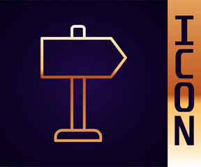 Gold line Road traffic sign. Signpost icon isolated on black background. Pointer symbol. Isolated street information sign. Direction sign. Vector