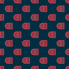 Red line Car tire wheel icon isolated seamless pattern on black background. Vector