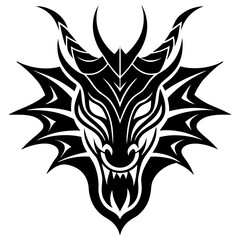 Dragon head tattoo design vector emblem, artistic lines, isolated on white background