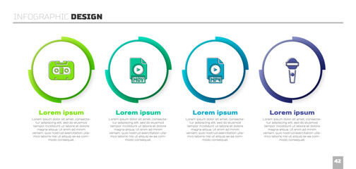 Set Retro audio cassette tape, MOV file document, MP4 and Microphone. Business infographic template. Vector
