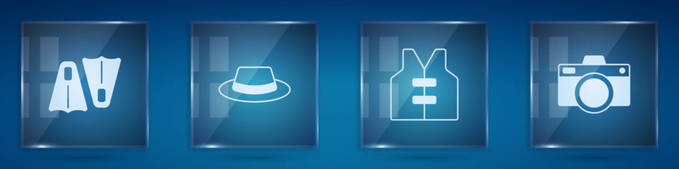 Set Rubber flippers for swimming, Man hat with ribbon, Life jacket and Photo camera. Square glass panels. Vector © Vadim