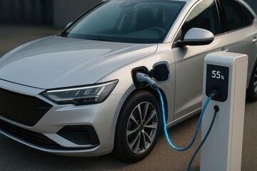 Fototapeta premium Silver Electric Vehicle Charging at a Modern Station