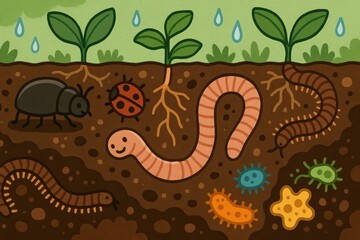 Vibrant Illustration of Soil Life Worms, Insects, and Microbes Beneath Growing Plants