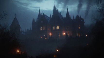 Eerie gothic mansion shrouded in mystery under a clouded twilight atmosphere
