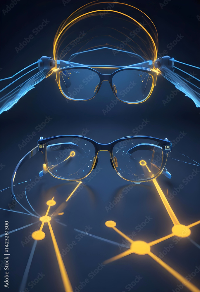 Poster Two pairs of futuristic glasses glow with abstract light patterns and connecting lines against a dark backdrop