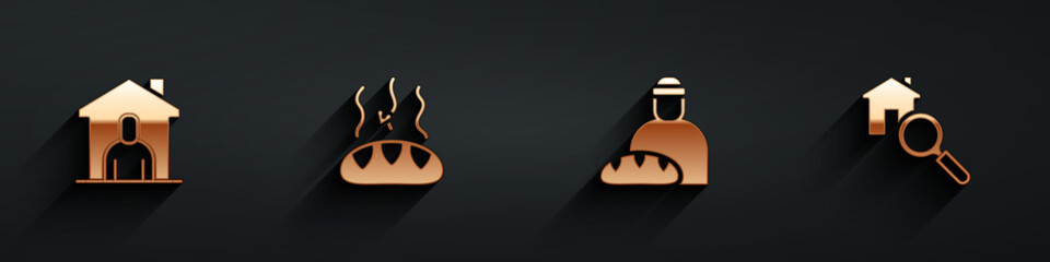 Set Shelter for homeless, Donation food, Feeding the and Search house icon with long shadow. Vector