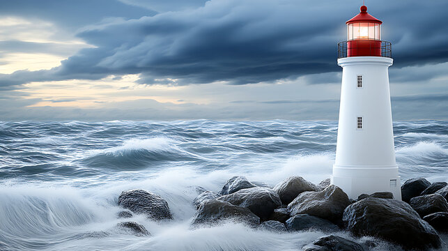 Majestic lighthouse standing on rocky shore illuminated by waves under a dramatic cloudy sky