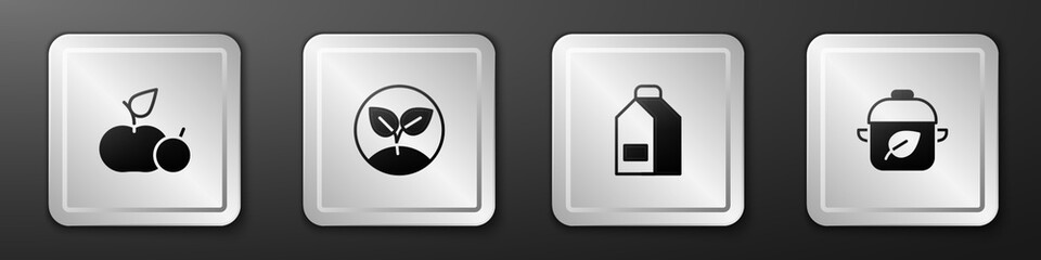 Set Apple, Sprout, Paper package for milk and Vegan food diet icon. Silver square button. Vector