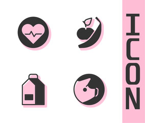 Set Pig, Heart rate, Paper package for milk and Apple and banana icon. Vector