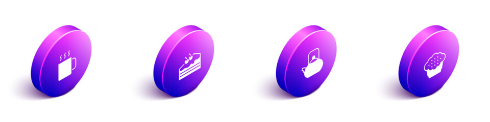 Set Isometric Cup of tea, Piece cake, Kettle with handle and Muffin icon. Vector