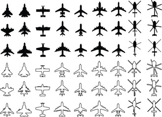 Naklejka premium Airplane mood icon set aerodrome plane air vector aviation silhouette outline flight sign. Aviation pictogram. Aircraft concept isolated. different style vector image clip art transparent background