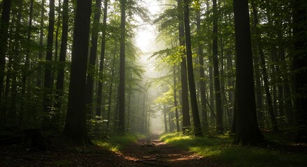 Fototapeta premium Forest Path with Sunlight Through Tall Trees