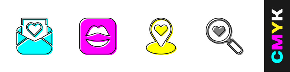 Set Envelope with Valentine heart, Smiling lips, Location and Search and love icon. Vector