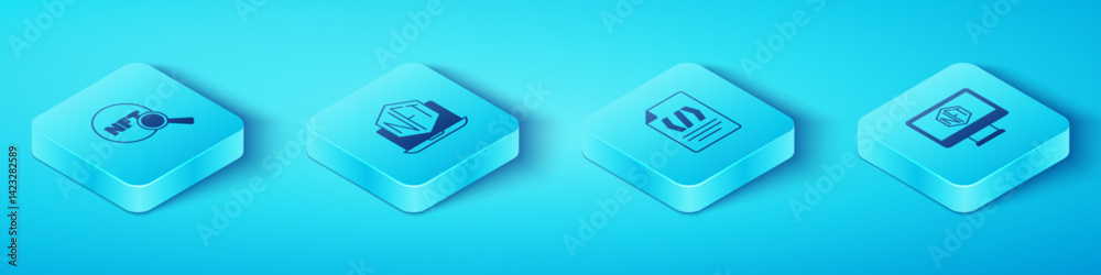 Poster set isometric search nft, laptop with art store app, monitor and binary code icon. vector