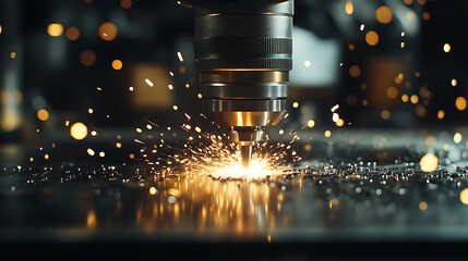 Close-up of laser cutting process producing sparks and intricate designs on metal sheet in workshop