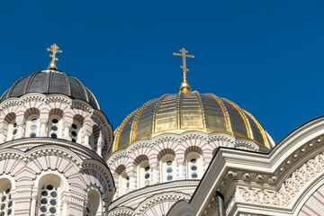 Naklejka premium Ornate domes of Nativity of Christ Cathedral in Riga
