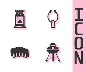 Set Barbecue grill, coal bag, Grilled pork bbq ribs and Meat tongs icon. Vector