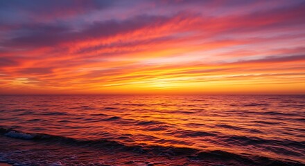 Obraz premium Fiery Sunset Over the Ocean with Vibrant Clouds