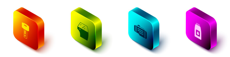 Set Isometric Car key with remote, door, Check engine and Canister for motor machine oil icon. Vector