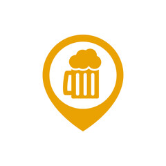 Beer glass mug with location symbol. Vector logo and icon. Isolated illustration on white background.