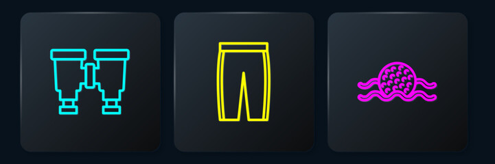 Set line Binoculars, Golf ball water and pants. Black square button. Vector