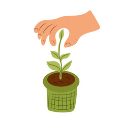 Girl caring for house plants in urban home garden with cat. Daily life and everyday routine scene by young woman in scandinavian style cozy interior with homeplants. Cartoon vector illustration.