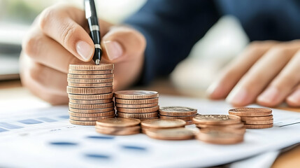 Close Up of a Hand Stacking Coins on Documents
