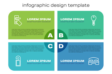 Set line Please do not disturb, Digital door lock, Hotel room bed and key. Business infographic template. Vector
