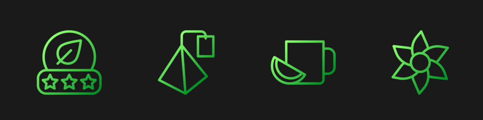 Set line Cup of tea with lemon, Tea leaf, bag and Flower. Gradient color icons. Vector