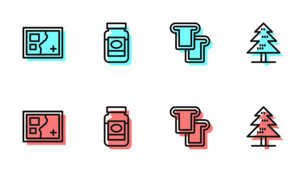 Set line Bread toast, Folded map, Jam jar and Tree icon. Vector