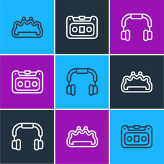 Set line Brass knuckles, Headphones and Retro audio cassette tape icon. Vector